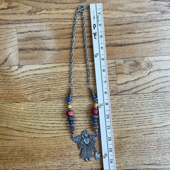 Rare Vintage Marcie USA Designer Hammered Pewter Angel Pendant Necklace Beads - Picture 3 of 7